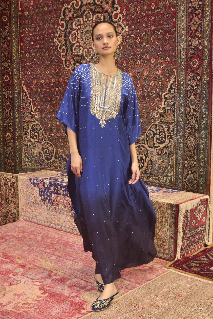 Mohar Handcrafted Bandhani Silk Kaftan - Blue, Blue, image 1